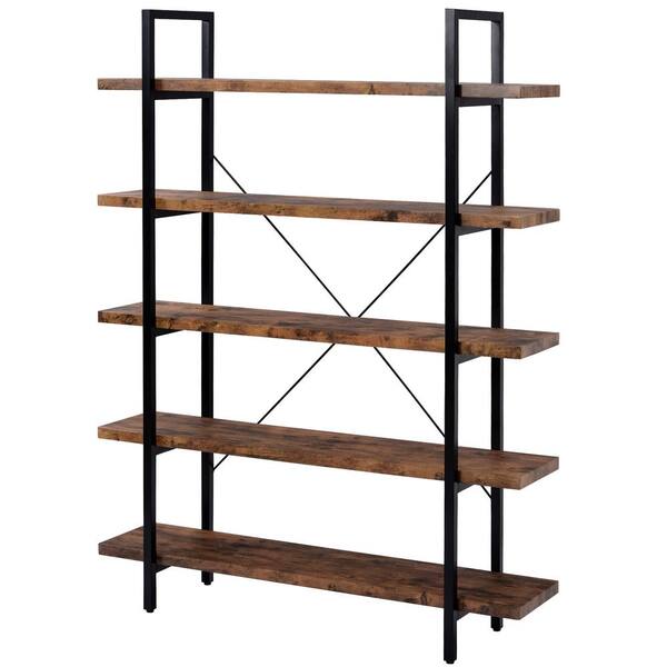 Asucoora Giltner 63 in. Rustic Brown Wood 5-Shelf Etagere Bookcase with Black Metal Frame