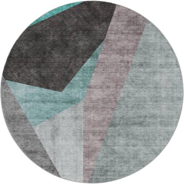 Dream Shag Premium Machine Washable Abstract ADS716 Teal 8 ft. x 8 ft. Round Rug
