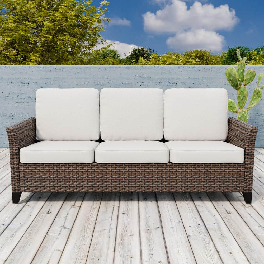 Outdoor Multi-Brown Wicker and Steel 3-Seat Sofa with Beige Cushions