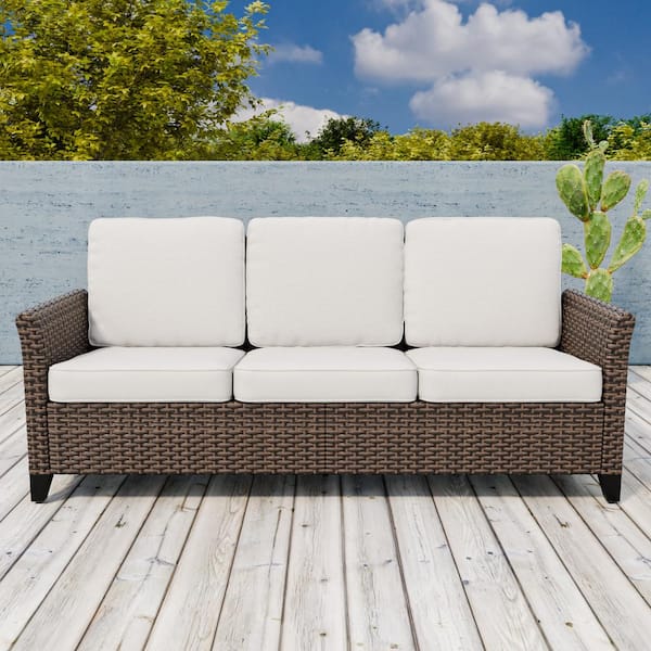 2-Color Brown Wicker Outdoor Patio 3 Seater Sofa Couch with Beige Cushions, Wide Armrest