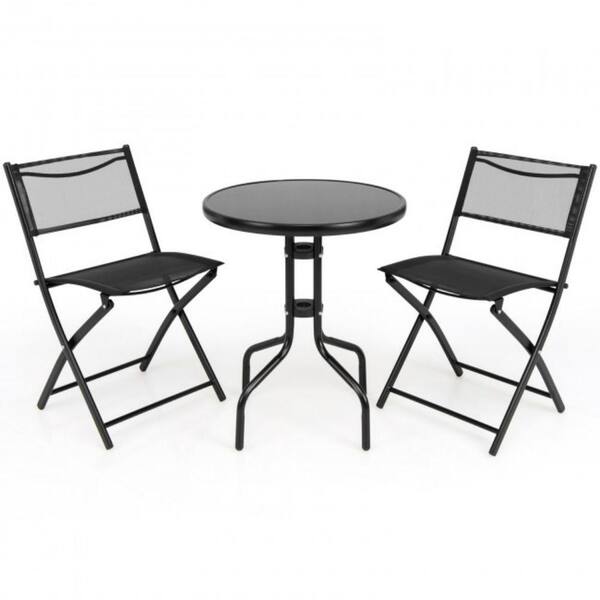 Black Giantex 3 Pcs Bistro Set Garden Backyard Round Table Folding Chairs with Rust-Proof Steel Frames & Reinforced Glass Design Outdoor Patio Furniture 