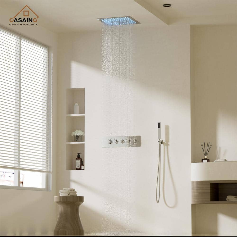 Brushed Nickel Dual Head LED Ceiling Mounted Rain Shower System