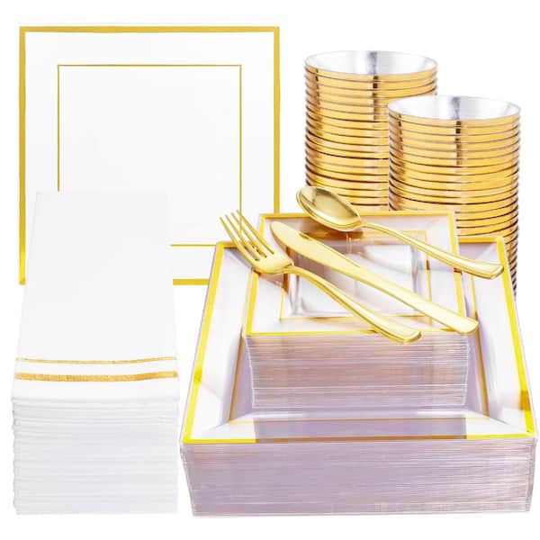 350-Piece Clear Plastic Dinnerware Set with Gold Rim for 50 Guests, Square Plates, Cups, Cutlery and Napkins