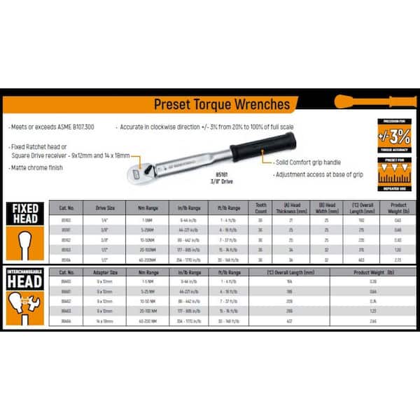 YELLOW JACKET Interchangeable Torque Wrench Head: 3/8 in Drive Size, 3/8 in  Size