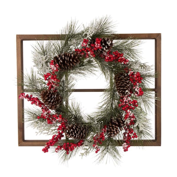 Glitzhome 24 in. Artificial Unlit Flocked Pinecone and Berry Wreath with Wooden Window Frame
