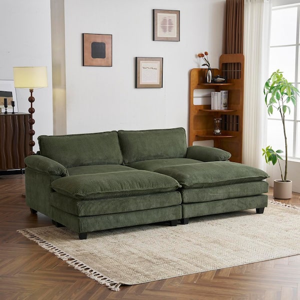 Multi-Cushion's Collection 90 in. Wide Pillow Top Arm Corduroy Modern Sleeper Square Sofa with 2 Ottoman in Green