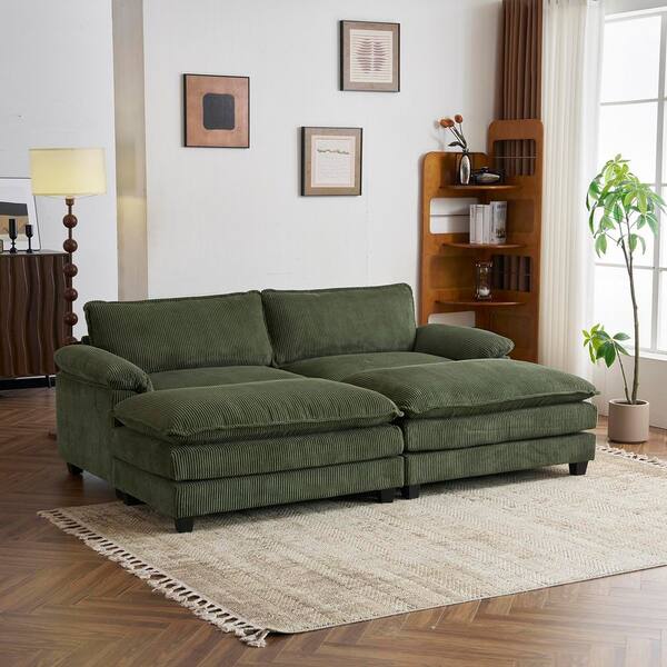 Multi-Cushion's Beta Collection 90 in.Wide Pillow Top Arm Corduroy Modern Loveseats with 2 Ottoman in Green
