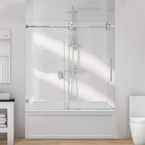 ANGELES HOME 56-60 in. W x 66 in. H Frameless Single Tub Door Shower Door in Brushed Nickel with Smooth Sliding,Tempered Glass
