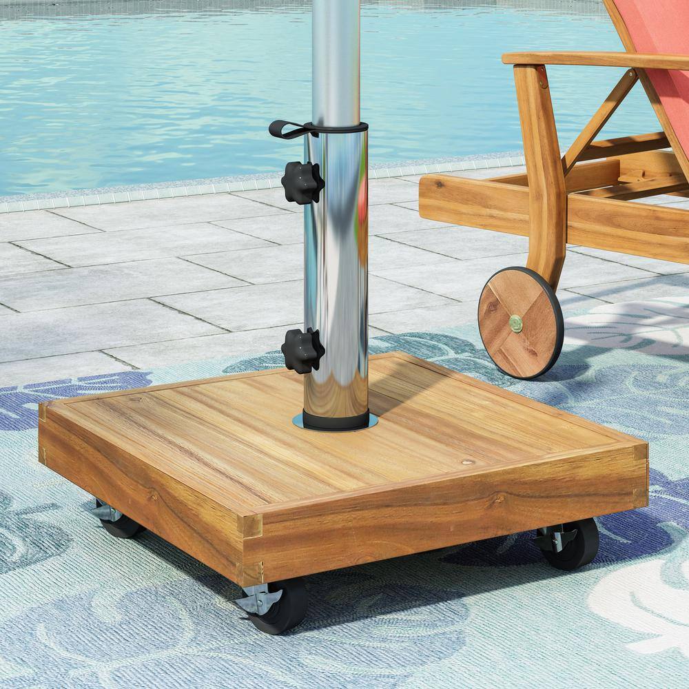 Teak Brown Acacia Wood and Concrete Wheeled Umbrella Base