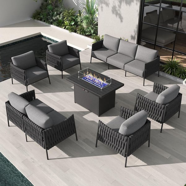 7-Piece Modern Woven Rope Outdoor Furniture Set with Fire Pit Table and Gray Cushions