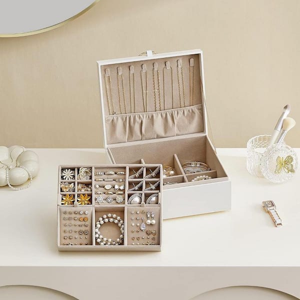 White 9.5 in. x 4.3 in. Wood Modern Jewelry Box with Removable Tray