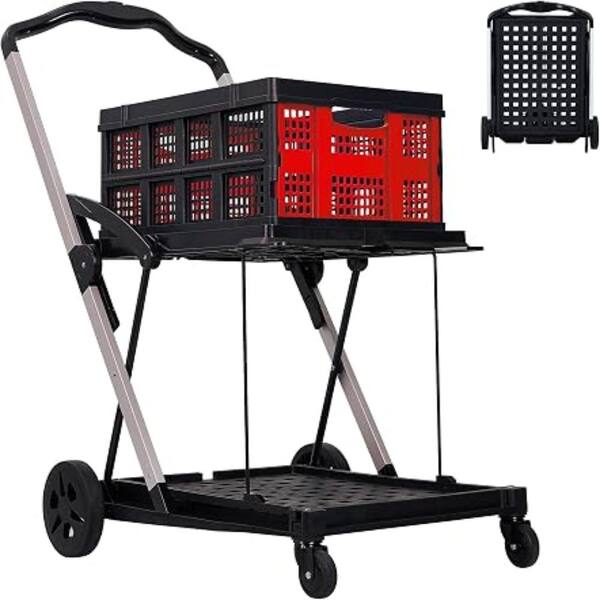 2-Tier Red Foldable Shopping Cart with Wheels, Heavy-Duty Grocery Utility Cart & Removable Storage Basket