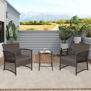 Highland Coffee 3-Piece Woven Rattan Wicker Patio Conversation Set with Gray Cushions