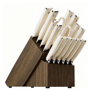 17-Piece White Stainless Steel German Knife Set with Block and Sharpener, Dishwasher Safe, Anti-Slip Ergonomic Handle