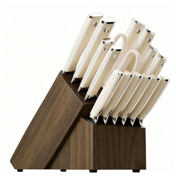 17-Piece White Stainless Steel German Knife Set with Block and Sharpener, Dishwasher Safe, Anti-Slip Ergonomic Handle