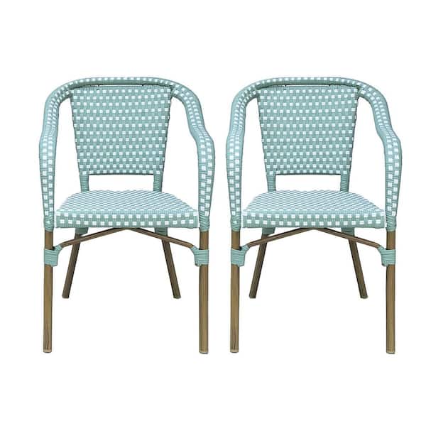 Noble House Baton French Bistro Aluminum Outdoor Dining Chair in Light Teal and White (2-Pack)