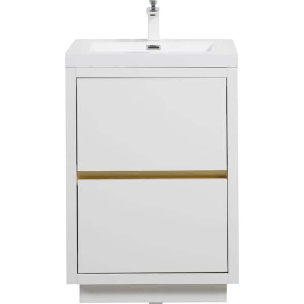 24 in. Single Sink Freestanding White Bath Vanity with White Resin Top (Assembled), Soft Close Drawers