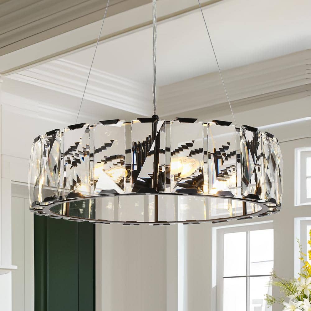 Modern Black Crystal 6-Light Drum Chandelier with Clear Crystals