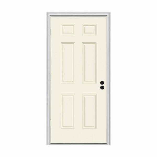 JELD-WEN 36 in. x 80 in. 6-Panel Vanilla Painted Steel Prehung Right-Hand Outswing Front Door w/Brickmould