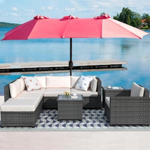 Gray 8-Piece Wicker Patio Conversation Set with Beige Cushions and Table
