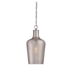 Franklin 10 in. W x 20 in. H 1-Light Satin Nickel Shaded Pendant Light with Mercury Glass Shade