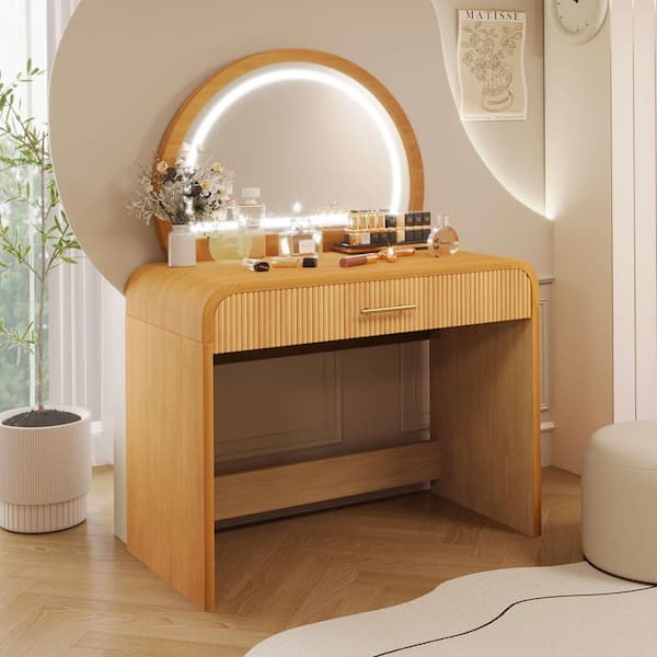 Natural Makeup Vanity Set with Mirror Touch Screen Lighted Mirror and Drawer