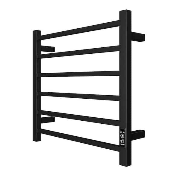 6 Bars Heated Towel Rack for Bathroom, Wall Mounted Plug In and Hardwired Towel Warmer in Matte Black Stainless Steel