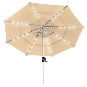 9 Ft. 3 Tiers Aluminum Outdoor Patio Umbrella Market Umbrella with Push Button Tilt and LED lights in Beige