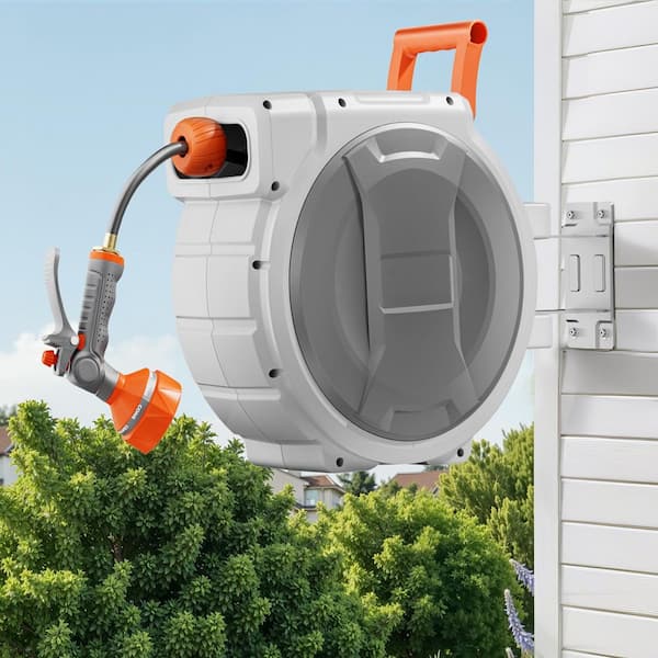 Garden Hose Reel, 1/2 in. x 145 ft. Wall-Mounted Hose Reel with 9 Spray Patterns, Enhanced Slow Return Mechanism