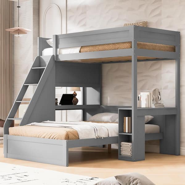 Riley Gray Wood Frame Twin XL over Full Bunk Bed Platform Bed with USB Port, Storage Shelves, and Desk