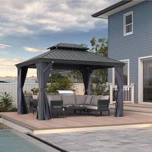 10 ft. x 12 ft. Gray Aluminum Power-Coated Frame Galvanized Steel Double Roof Hardtop Gazebo,Hooks, Netting,Blue Curtain