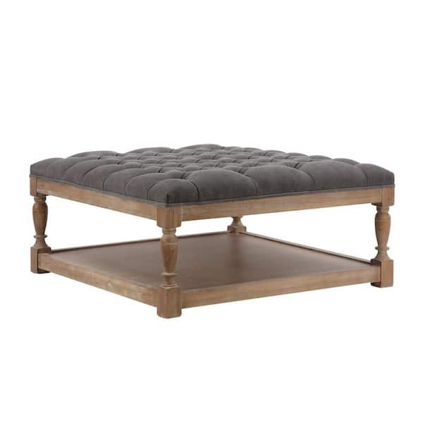 Benjara Xena 36 in. Frost Gray and Natural Brown Square Fabric Coffee Table with Four Leg