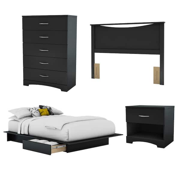 South Shore Step One 4 Piece Pure Black Full Bedroom Set 3107a4 The Home Depot