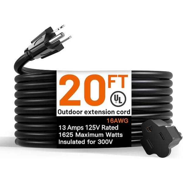 20 ft. 16/3 Heavy Duty Outdoor Extension Cord with Flexible Long Wires, Black (1-Pack)