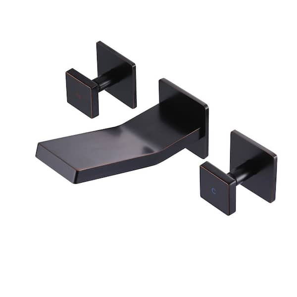 Modern Wall-Mounted Square Double-Handle Bathroom Faucet with Waterfall Spout in Oil Rubbed Bronze