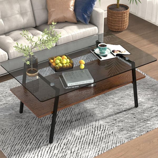 38.58 in. Modern Rectangle Tempered Gray Glass Coffee Table, Black Metal Legs & MDF Base for Living Room