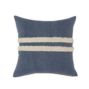 Double Blue / White Center Striped Tufted Poly-Fill 20 in. x 20 in. Indoor Throw Pillow