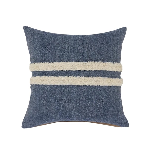 Unbranded Double Blue / White Center Striped Tufted Poly-Fill 20 in. x 20 in. Indoor Throw Pillow