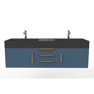 Maranon 60 in. W x 19 in. D x 19.25 in. H Double Floating Bath Vanity in Matte Blue with Gold Trim and Black Top