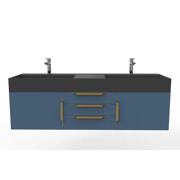 castellousa Maranon 60 in. W x 19 in. D x 19.25 in. H Double Floating Bath Vanity in Matte Blue with Gold Trim and Black Top