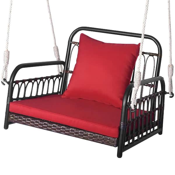 AFAIF Hanging Porch Swing, 1 Person Patio Wicker Swing Chair with Metal Frame, Cushion, Ropes and Hooks, for Lawn Garden, Red