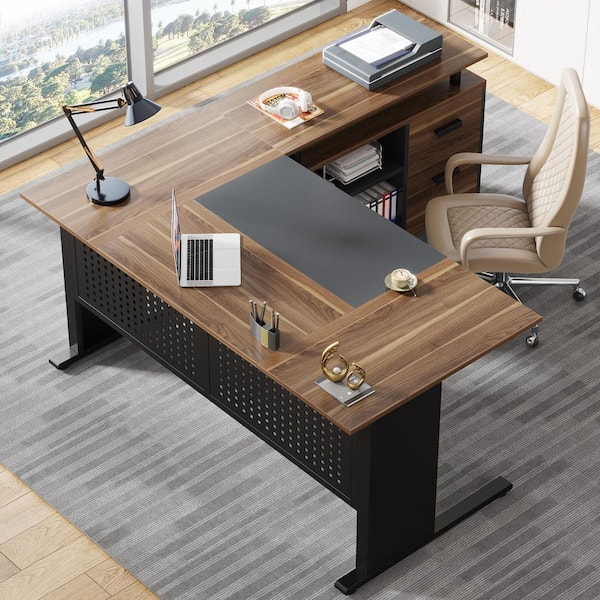 Lanita Large 63 in. L-Shaped Brown Black Engineered Wood 2-Drawer Executive Computer Desk with File Cabinet Home Office