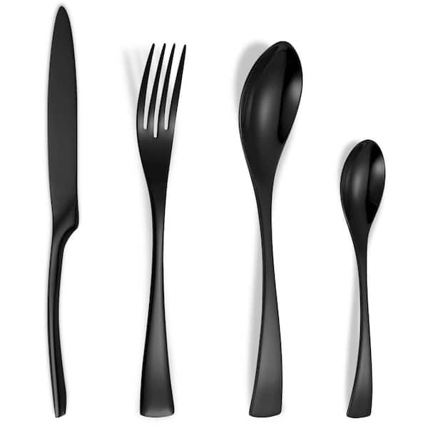 24-Piece Black 18/10 Stainless Steel Flatware Set with Forged Stand Knife (Service for 6), Mirror Polish Dishwasher Safe