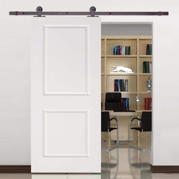 Top Mount Door Track Hardware and 36 in. White Primed MDF Raised 2 Panel Interior Sliding Barn Door Top Mount Door Track Hardware and 36 in. White Primed MDF Raised 2 Panel Interior Sliding Barn Door