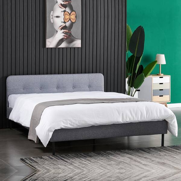 Queen Size Upholstered Linen Platform Bed Frame Headboard w/Wood Slats Gray 
