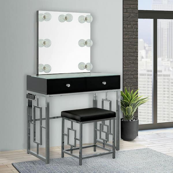 Margo 1-Piece Metal-Chrome Makeup Vanity Set with USB Port;Lights