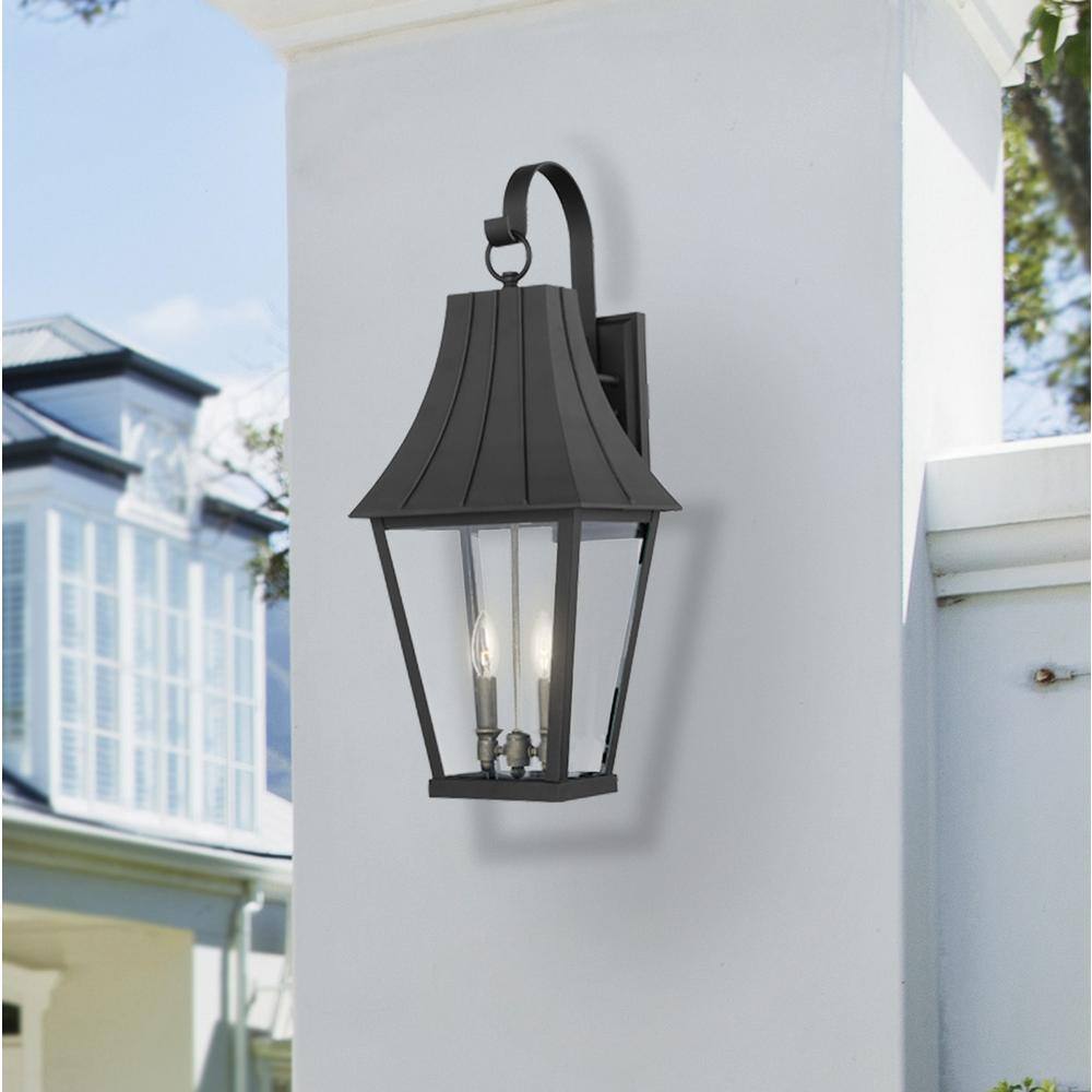 Chateau Grande Black and Gold 2-Light Outdoor Wall Sconce with Glass Shade