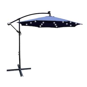 10 ft. Steel Cantilever Solar Tilt Patio Umbrella in Navy Blue with LED Light and Cross Base
