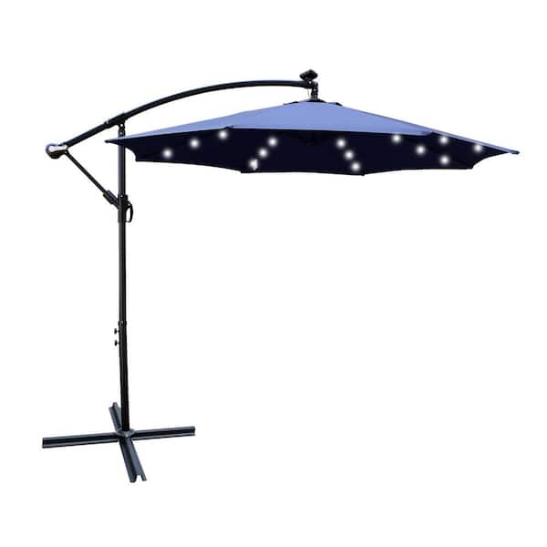 Tidoin 10 ft. Steel Cantilever Solar Tilt Patio Umbrella in Navy Blue with LED Light and Cross Base