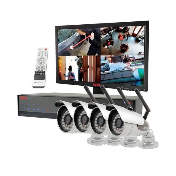 Revo Lite 4-Channel 500GB 960H DVR Surveillance System with (4) 600TVL Wireless Bullet Cameras and Monitor